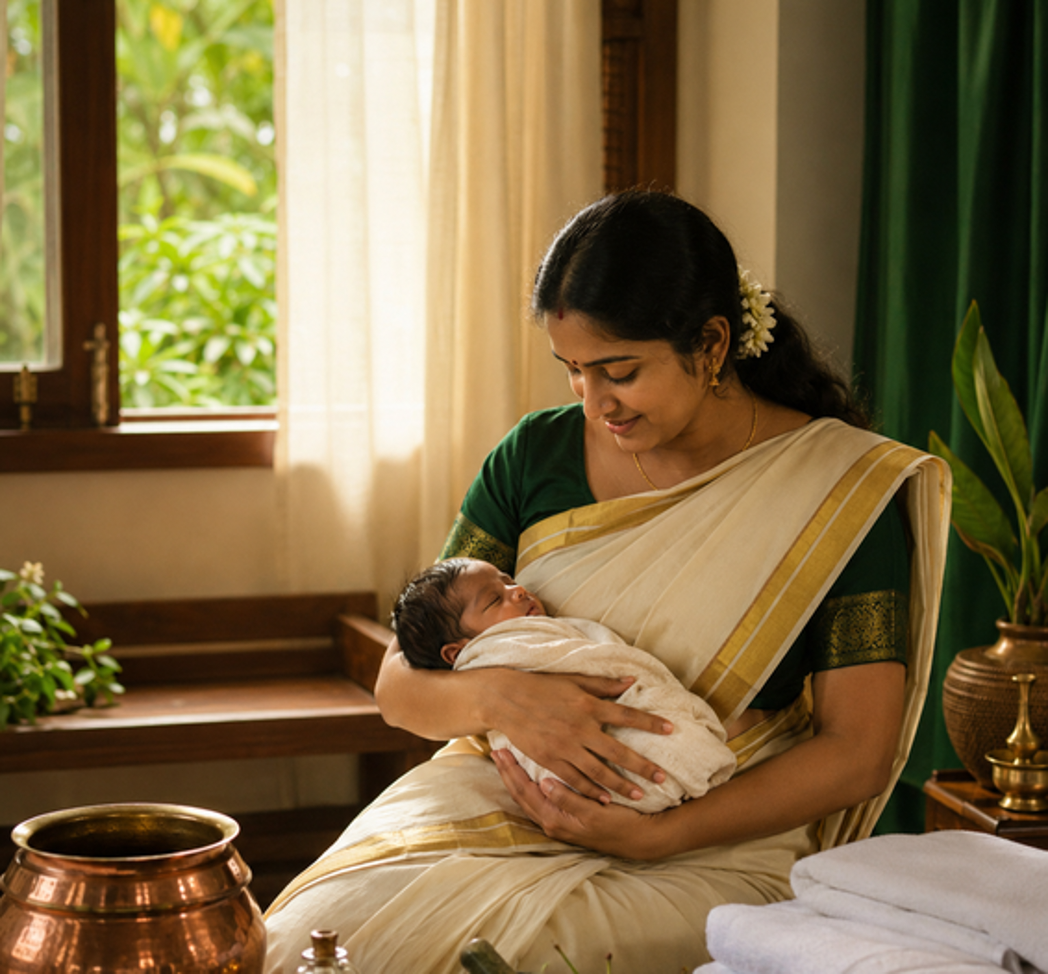 A mother holding her newborn baby in a peaceful Ayurvedic setting